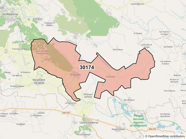 Mapa del código postal 30174, La Independencia, Chiapas