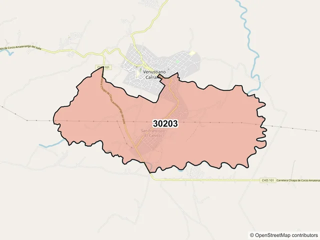 Mapa del código postal 30203, Venustiano Carranza, Chiapas