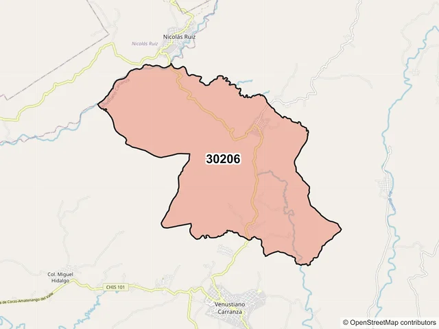 Mapa del código postal 30206, Venustiano Carranza, Chiapas