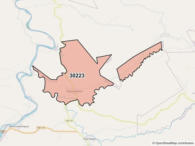 Mapa del código postal 30223, Venustiano Carranza, Chiapas