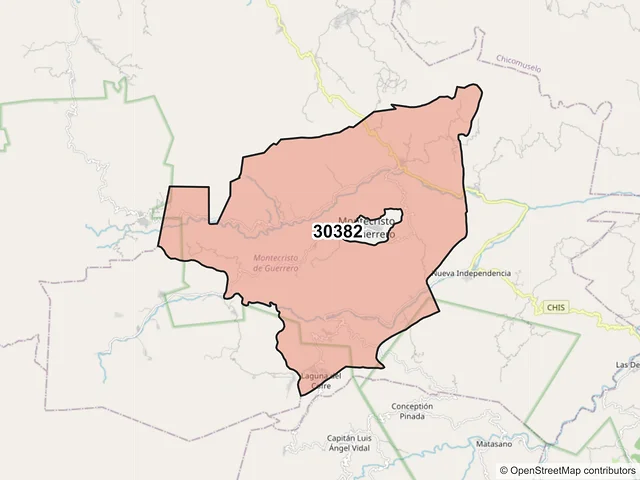 Mapa del código postal 30382, Montecristo de Guerrero, Chiapas
