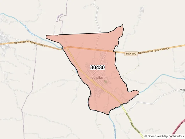 Mapa del código postal 30430, Jiquipilas, Chiapas
