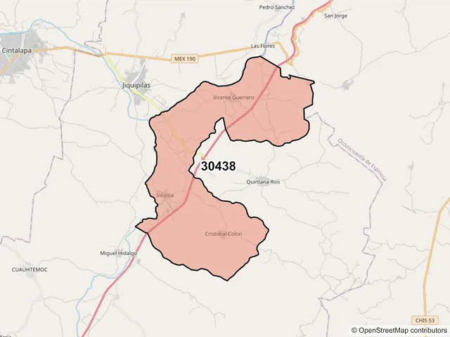 Mapa del código postal 30438, Jiquipilas, Chiapas