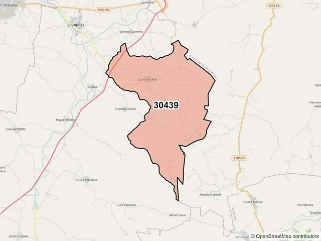 Mapa del código postal 30439, Jiquipilas, Chiapas