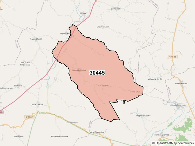 Mapa del código postal 30445, Jiquipilas, Chiapas