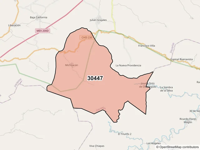 Mapa del código postal 30447, Jiquipilas, Chiapas