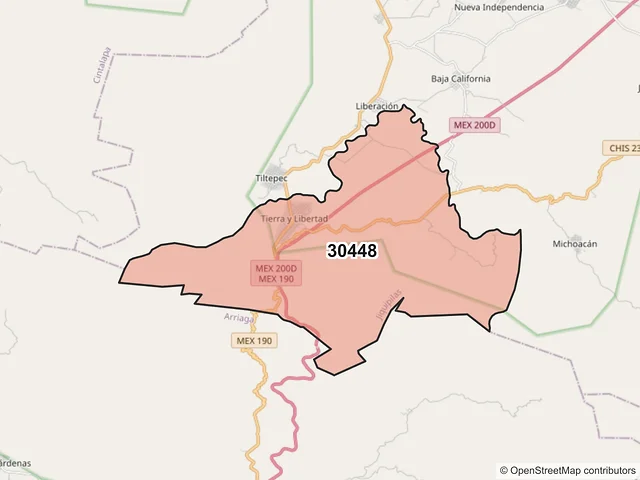 Mapa del código postal 30448, Jiquipilas, Chiapas