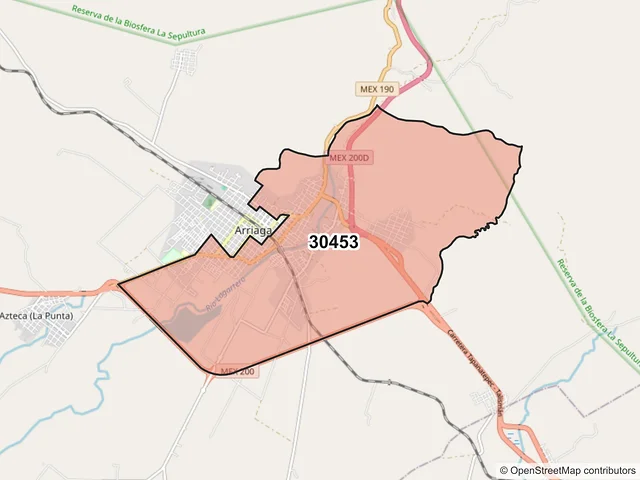 Mapa del código postal 30453, Arriaga, Chiapas