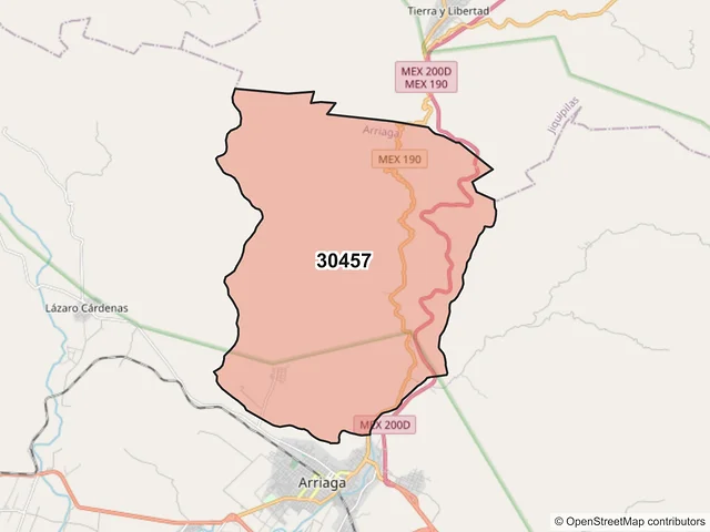 Mapa del código postal 30457, Arriaga, Chiapas