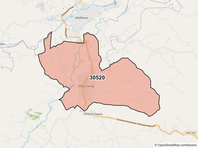 Mapa del código postal 30520, Villa Corzo, Chiapas