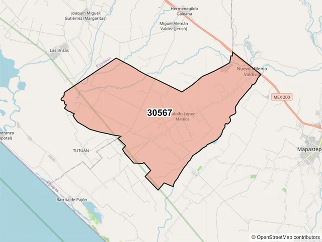 Mapa del código postal 30567, Mapastepec, Chiapas