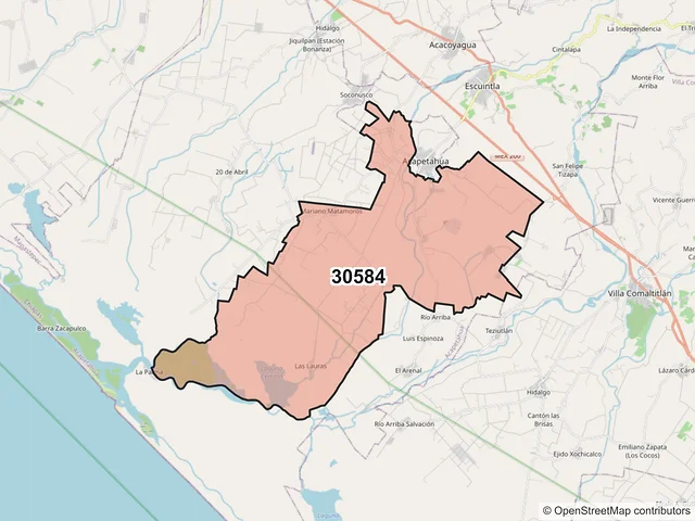 Mapa del código postal 30584, Acapetahua, Chiapas