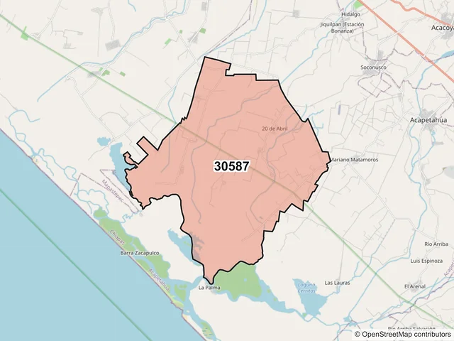 Mapa del código postal 30587, Acapetahua, Chiapas