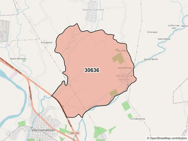 Mapa del código postal 30636, Villa Comaltitlán, Chiapas