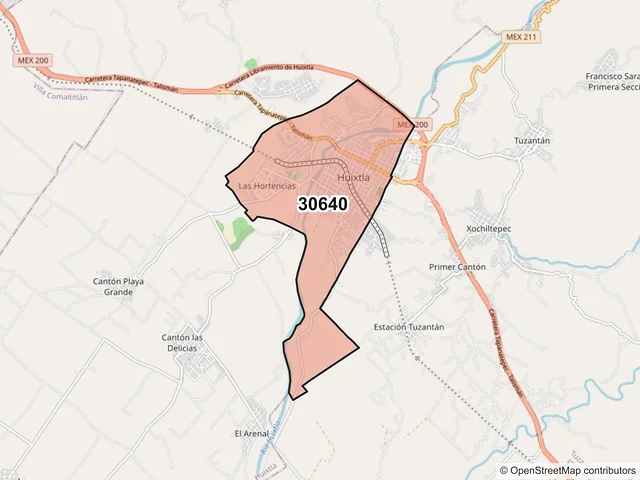 Mapa del código postal 30640, Huixtla, Chiapas