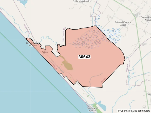 Mapa del código postal 30643, Huixtla, Chiapas