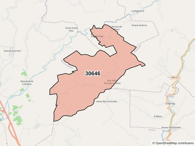 Mapa del código postal 30646, Huixtla, Chiapas