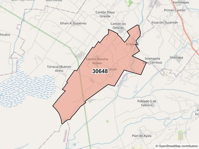 Mapa del código postal 30648, Huixtla, Chiapas