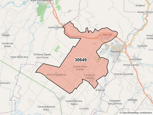 Mapa del código postal 30649, Huixtla, Chiapas