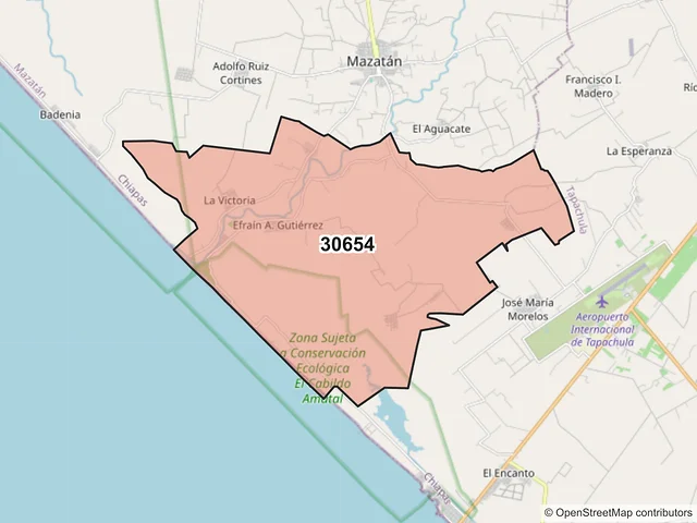 Mapa del código postal 30654, Mazatán, Chiapas