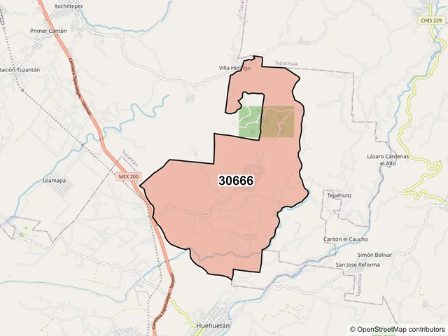 Mapa del código postal 30666, Huehuetán, Chiapas