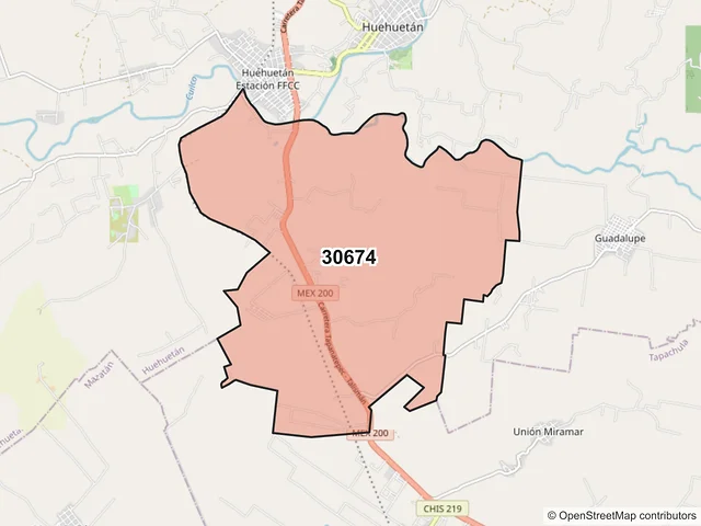 Mapa del código postal 30674, Huehuetán, Chiapas
