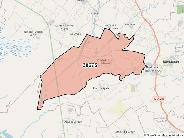 Mapa del código postal 30675, Huehuetán, Chiapas