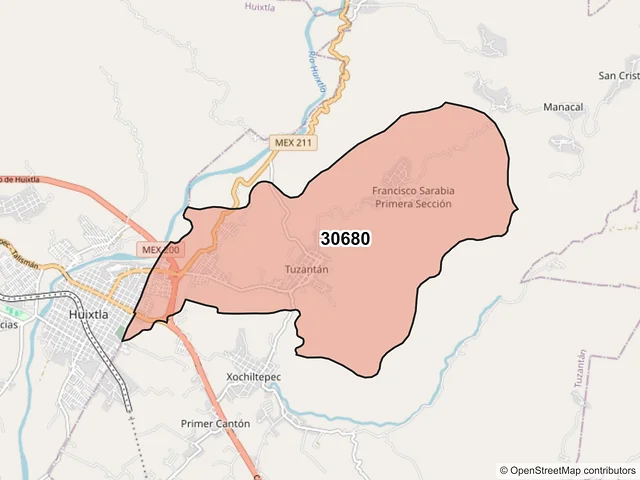 Mapa del código postal 30680, Tuzantán, Chiapas