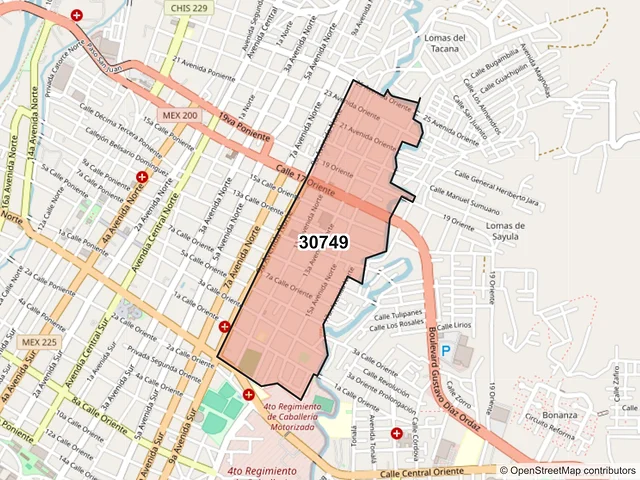 Mapa del código postal 30749, Tapachula, Chiapas