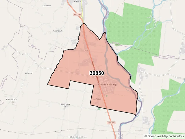 Mapa del código postal 30850, Frontera Hidalgo, Chiapas