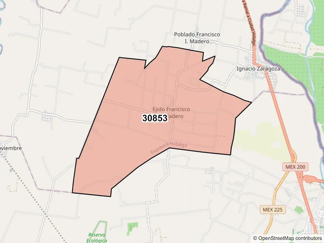 Mapa del código postal 30853, Frontera Hidalgo, Chiapas