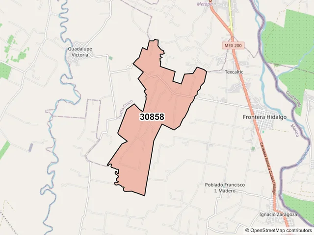 Mapa del código postal 30858, Frontera Hidalgo, Chiapas