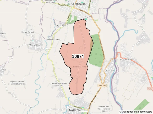 Mapa del código postal 30871, Tuxtla Chico, Chiapas