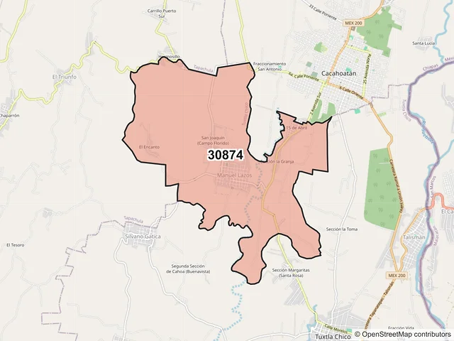 Mapa del código postal 30874, Tuxtla Chico, Chiapas