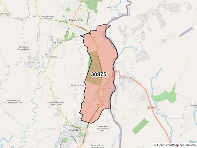 Mapa del código postal 30875, Tuxtla Chico, Chiapas