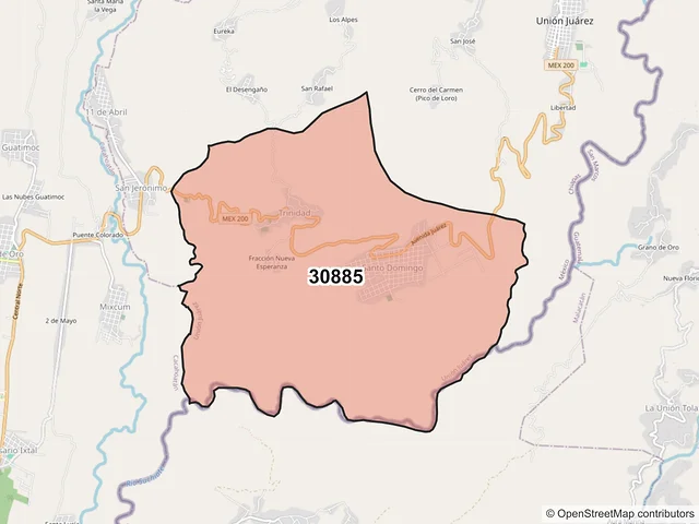 Mapa del código postal 30885, Unión Juárez, Chiapas