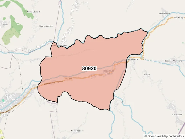 Mapa del código postal 30920, Mazapa de Madero, Chiapas