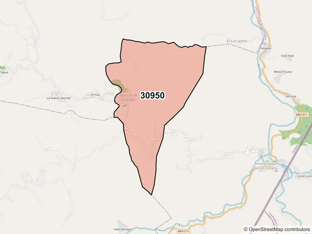 Mapa del código postal 30950, Bejucal de Ocampo, Chiapas