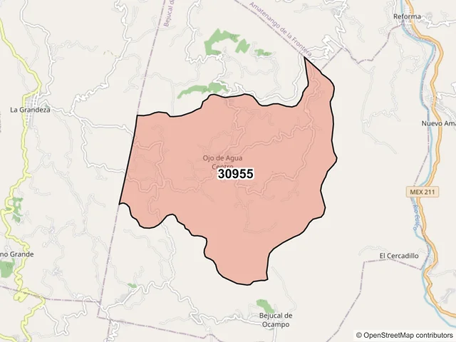 Mapa del código postal 30955, Bejucal de Ocampo, Chiapas