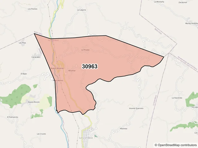 Mapa del código postal 30963, La Grandeza, Chiapas