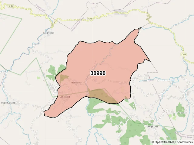Mapa del código postal 30990, Honduras de la Sierra, Chiapas