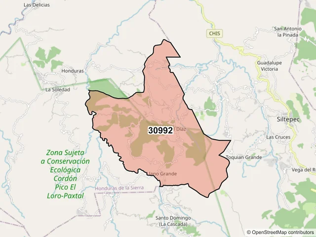 Mapa del código postal 30992, Honduras de la Sierra, Chiapas