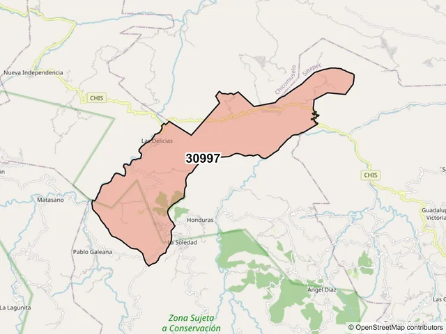 Mapa del código postal 30997, Honduras de la Sierra, Chiapas