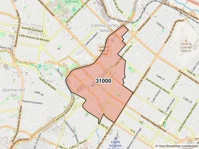 Mapa del código postal 31000, Chihuahua, Chihuahua
