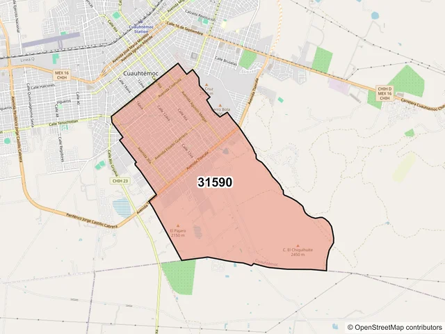 Mapa del código postal 31590, Cuauhtémoc, Chihuahua