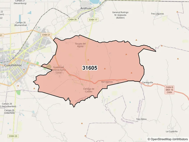 Mapa del código postal 31605, Cuauhtémoc, Chihuahua