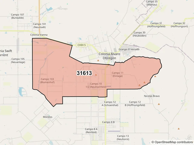 Mapa del código postal 31613, Cuauhtémoc, Chihuahua