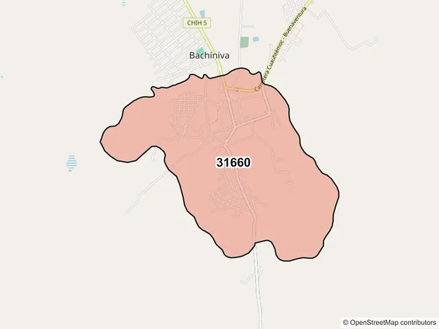 Mapa del código postal 31660, Bachíniva, Chihuahua