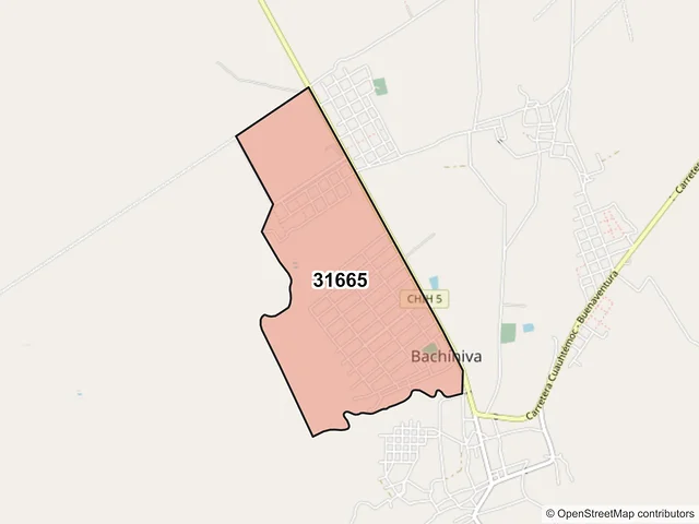 Mapa del código postal 31665, Bachíniva, Chihuahua