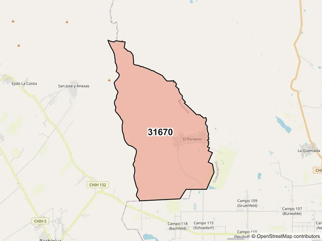 Mapa del código postal 31670, Bachíniva, Chihuahua